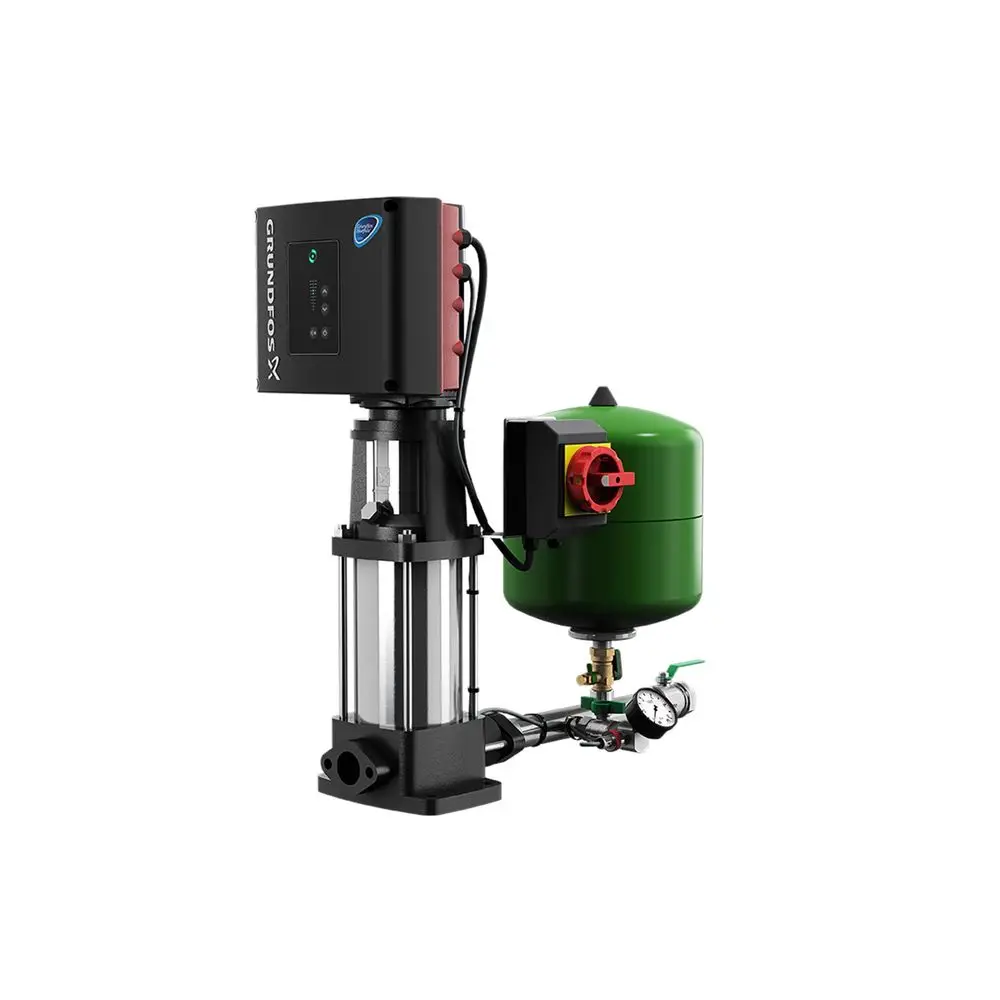 Druckerhöhungsanlage mit Grundfos Steuerungseinheit, Pumpe und Druckbehälter in kompakter Bauweise. Komponenten zur Druckerhöhung für Wasseranwendungen.